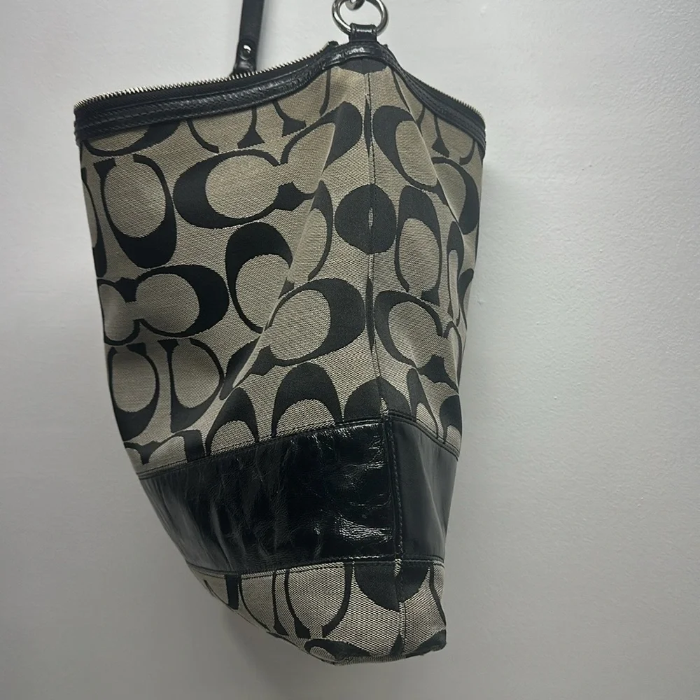 Coach Chelsea Purse Signature Stripe Hobo Bag Shoulder Canvas Leather Black Gray